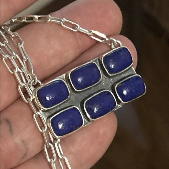 STERLING SILVER NATIVE AMERICAN SW LAPIS BAR NECKLACE PAPER CLIP CHAIN .925 - Picture 6 of 9